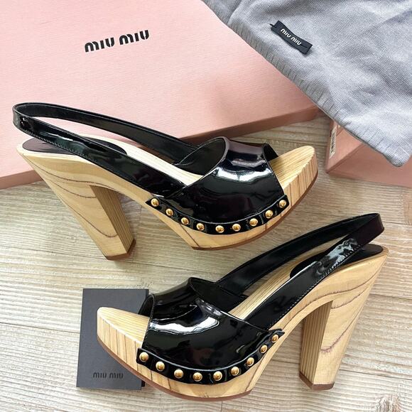 Miu‎ Miu Patent Leather Slingback Wood Platform Heel Sandals | Black 38 - Picture 1 of 13